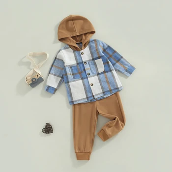Комплекты одежды из 2 предметов для маленьких мальчиков, клетчатые топы с капюшоном на пуговицах, однотонные комплекты брюк