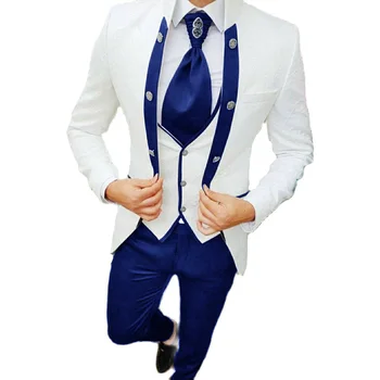 Мужской костюм, белая куртка с рисунком, комплект из 3 предметов, куртка, брюки, жилет, официальный свадебный смокинг жениха, мужской костюм на заказ