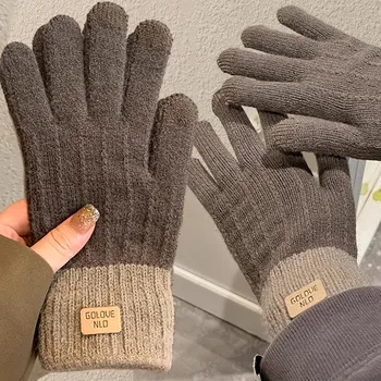 Теплые вязаные зимние перчатки на весь палец, окрашенные INS, Однотонные шерстяные варежки с сенсорным экраном, Плюшевые утолщенные мягкие перчатки для вождения.