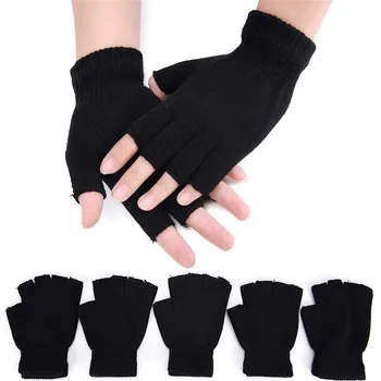 1 пара черных коротких трикотажных перчаток без пальцев на запястье, зимние теплые эластичные рабочие перчатки для женщин и мужчин, аксессуары для велоспорта