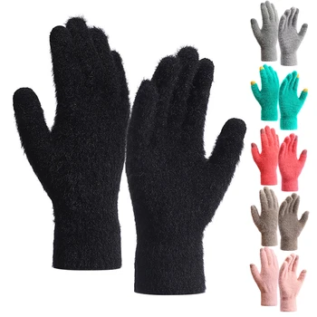 Зимние теплые плюшевые перчатки, Женские, мужские, однотонные, имитирующие мех норки, пушистые, с сенсорным экраном на пять пальцев, Уличные велосипедные перчатки