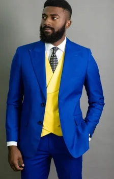 Мужские костюмы королевского синего цвета с желтым жилетом, 3 предмета, Свадебный костюм жениха, Комплекты делового блейзера Terno Masculino, куртка + брюки + жилет