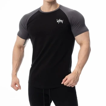 Хлопок бег спортивная футболка тренажерный зал фитнес мужчин с коротким рукавом тощий Лоскутная топы тис летние мужчины бодибилдинг тренировки одежда