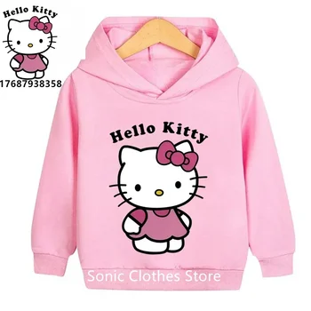 Толстовка с капюшоном Hello Kitty, детская толстовка, Каваи, Новый пуловер Sanrio, Модная повседневная одежда с аниме-мультфильмами для девочек и мальчиков, детский теплый топ