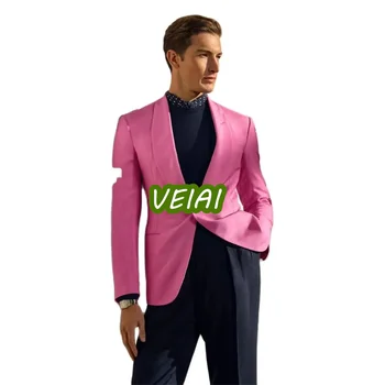 Модный блейзер, сшитый на заказ, ярко-розовый жакет, черные брюки, приталенный однобортный платок с лацканами, элегантные мужские костюмы из 2 предметов