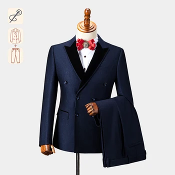 Оригинальный дизайн, темно-синие мужские костюмы-двойки для официальных мероприятий, свадеб, элегантные блейзеры, вечернее платье (индивидуальный размер)