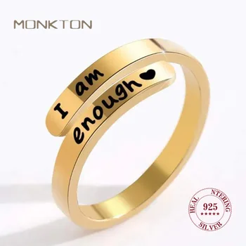 Кольца Monkton S925 из стерлингового серебра I Am Enough для женщин Золотого цвета, Открывающееся Регулируемое кольцо для пары, свадебные украшения друзей
