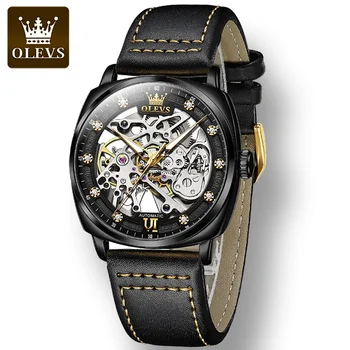 OLEVS 6651, модные мужские часы с ремешком из натуральной кожи, водонепроницаемые Автоматические Механические мужские наручные часы с полой резьбой, светящиеся