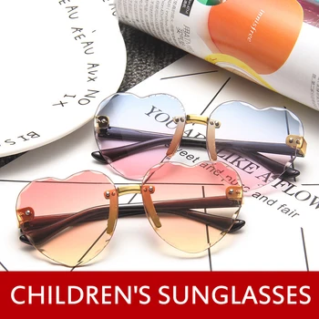 Новые Милые очки без оправы в виде сердечка, солнцезащитные очки для детей, детские Серые Розовые Красные линзы, Модные Детские спортивные солнцезащитные очки UV400 для мальчиков и девочек