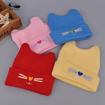 Детская осенне-зимняя вышитая хлопчатобумажная вязаная шапочка с котенком, пуловер с рогом, детская шапочка для защиты ушей