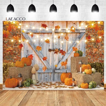 Laeacco Осенний фон для фотосъемки двери загородной фермы Осенняя тыква, опавшие листья, сарай для сбора урожая, детский день рождения, портретный фон