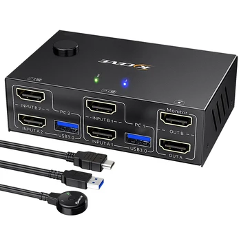 Двухмониторный KVM-переключатель, совместимый с HDMI, USB 3.0, Расширенные возможности управления для двух компьютеров, ноутбука, общей клавиатуры, мыши, принтера.