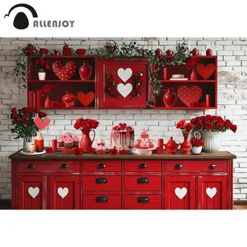 Allenjoy Фон для фотосъемки кухни на День Святого Валентина, Украшения в виде красного сердца с розовым фоном, Реквизит для фотостудии