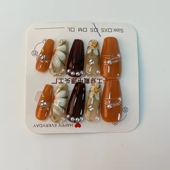 10шт носимые накладные ногти ручной работы с коричневым миндалем французские ретро акриловые накладные ногти с бриллиантовыми ногтями