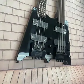 Электрическая бас-гитара без головки с двойным грифом, 4-струнная + 6-струнная интегрированная электрогитара, черный корпус, глянцевый, накладка из розового дерева
