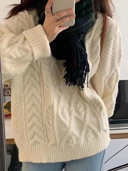 Повседневный свитер, Женский Осенне-зимний однотонный вязаный пуловер с перекручиванием, Женская Корейская мода, Винтажный Свободный трикотаж с длинным рукавом