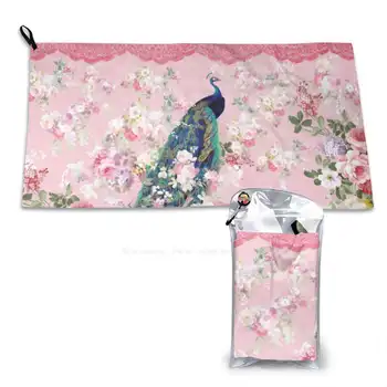 Розовое винтажное цветочное кружево с разноцветным павлином, персонализированное мягкое быстросохнущее полотенце для душа, французское кружево, королевский павлин, винтажные цветы