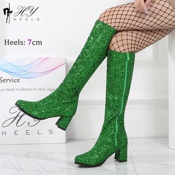 Зеленые блестящие ботинки Gogo в стиле ретро 60-х 70-х, костюмы, косплей, сапоги GO GO до колена, Женские туфли на массивном каблуке 7 см, Большие размеры EU46