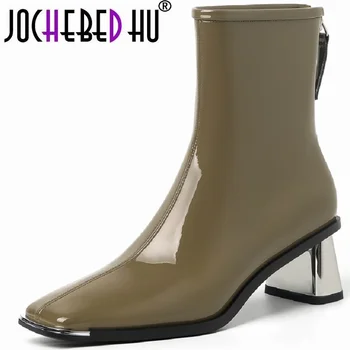 【JOCHEBED HU】 Брендовые Модные дизайнерские Ботильоны из натуральной кожи на толстом каблуке, женские ботильоны из лакированной кожи, 33-40
