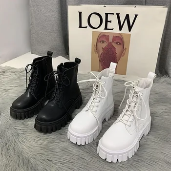 Новые белые женские ботильоны из искусственной кожи на толстой подошве, Армейские ботильоны на шнуровке, Женская осенне-зимняя обувь на платформе, Модные короткие ботинки