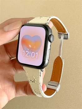 Кожаный ремешок Korea Butterfly для Apple Watch Band Ultra2 49 45 44 мм 41 42 Браслет Correa в стиле ретро для часов серии 9 8 7 SE