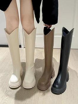 Сапоги на среднем каблуке, Зимняя обувь на молнии С круглым носком, Осенняя женская обувь выше колена в стиле 