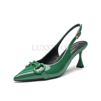 Женские зеленые туфли-лодочки, роскошные дизайнерские тонкие туфли на шпильке с металлическим заострением, женские черные туфли для вечеринок на высоком каблуке