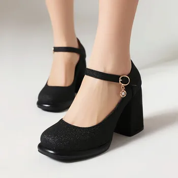 Негабаритные туфли большого размера на высоком каблуке с квадратным носком на толстом каблуке Mary Jane single shoe с блестящим верхом модные