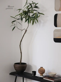 Имитация зеленого растения, длиннолистный баньян, керамическое украшение угла гостиной цвета металлической ржавчины, домашняя цветочная посуда