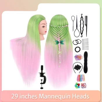 29-дюймовый Зеленовато-розовый волокнистый манекен для волос, тренировочная головка для плетения кос, обучающая кукла для парикмахерского искусства, голова для практики причесок, волосы