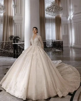 Изысканное блестящее кружевное свадебное платье трапециевидной формы, Элегантные аппликации из жемчуга, приталенное бальное платье со шлейфом, свадебные платья на заказ