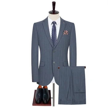 Бутик (Блейзер + брюки) Мужская мода Бизнес-джентльмен Простые микроэластичные полосы с двойным разрезом Повседневный профессиональный комплект из 2 предметов