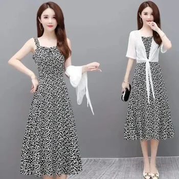 Шифоновое Маленькое платье-рубашка с принтом, женское платье 2023, новое Корейское весенне-летнее облегающее платье, уменьшающее возраст, комплект из двух предметов