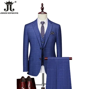Высококачественный бренд, Классический мужской повседневный деловой костюм в синюю или серую клетку, ретро-официальный костюм Жениха, свадебное платье, куртка, жилет, Брюки