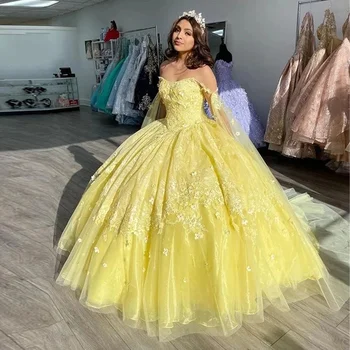 Желтое Бальное Платье Quinceanera Dresses Vestidos De 15 Anos Модное Вечернее Платье Принцессы С Открытыми Плечами Sweet 16