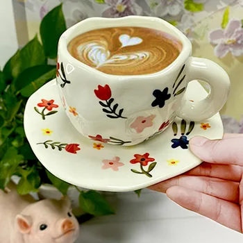 Расписанная вручную кофейная чашка с блюдцем Cloud, керамическая чашка с блюдцем неправильной формы ручной работы, цветок тюльпана, Кружка для чая с молоком, креативная, новая