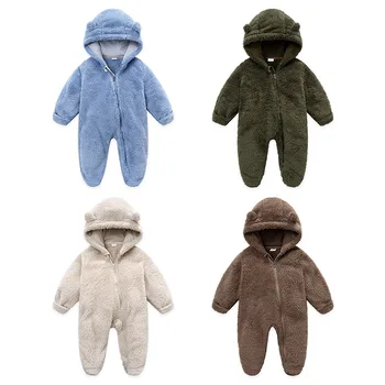 Детский плюшевый комбинезон 0-12 месяцев, зимний теплый комбинезон с капюшоном и длинными рукавами на молнии для мальчиков и девочек