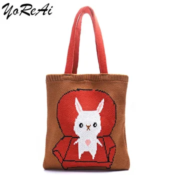 YoReAi Японская вязаная женская сумочка С милым кроликом Сумка для покупок Зимние Шерстяные Вязаные сумки для книг Повседневная мужская Тотализатор Модная сумка через плечо