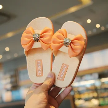 Тапочки для девочек с узлом-бабочкой; уличная детская обувь; модная пляжная обувь с крупными кристаллами; шлепанцы для девочек; домашняя обувь; E04083