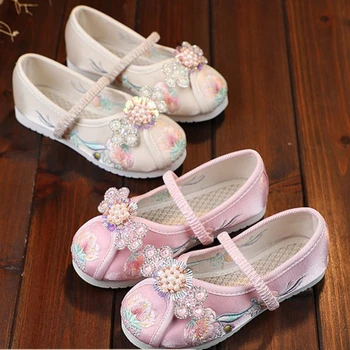 Обувь с вышивкой Hanfu для девочек, Модная детская тканевая обувь В национальном китайском стиле, костюм принцессы для выступлений, обувь на плоской подошве
