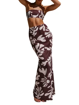 Женский укороченный топ с цветочным принтом и открытыми плечами и летняя юбка-макси с высокой талией