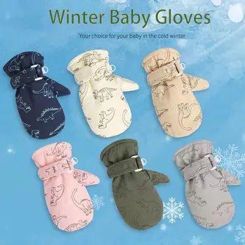 Водонепроницаемые ветрозащитные лыжные перчатки для детей с рисунком динозавра из мультфильма для малышей, теплые зимние детские перчатки из утолщенного флиса