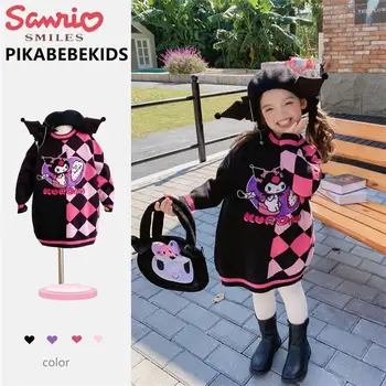 Новое платье Kuromi, вязаный свитер для милых девочек с рисунком Sanrio, Корейская модная Детская осенне-зимняя юбка