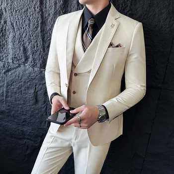 Высококачественный мужской свадебный костюм на одной пуговице (костюм + жилет + брюки), деловой однотонный приталенный Корейский модный костюм, комплект из 3/2 предметов
