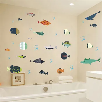 Наклейка на стену с мультяшными рыбками и пузырьками Для детской комнаты, спальни, ванной комнаты, украшения дома, настенные росписи с животными, наклейки на стекло из ПВХ своими руками