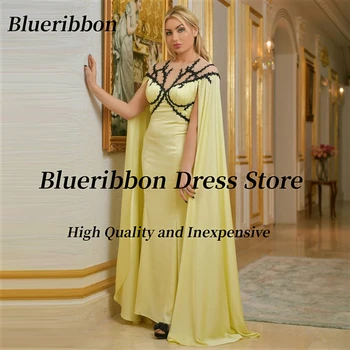 Blueribbon Светло-Желтые Платья Для Выпускного вечера Dubai Party Женская Одежда С Черной Аппликацией И Развевающимися Рукавами Вечернее Платье С Открытой Спиной Robe De Soiree