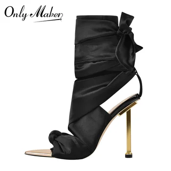 Onlymaker Летние черные атласные босоножки с острым носком, металлическая шпилька на высоком каблуке, ремешок на щиколотке с бабочкой, элегантные свадебные каблуки