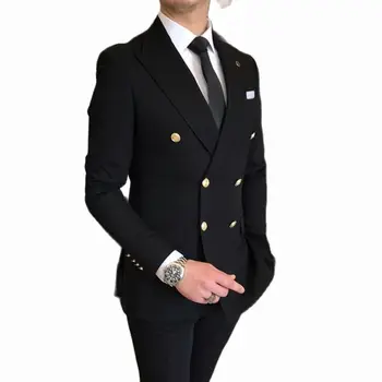 Мода 2023 года, пиковое черное мужское платье с лацканами, костюмы для выпускного вечера, двубортные мужские костюмы, смокинг для вечеринки жениха, комплект из 2 предметов