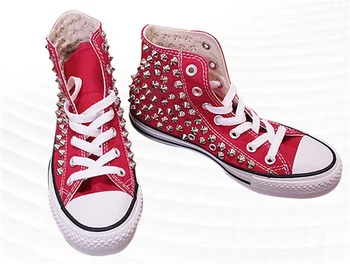 Высокие красные парусиновые туфли ручной работы на заказ с заклепками в стиле хип-хоп, панк, повседневные кроссовки на шнуровке для мужчин и женщин, большие размеры 35-46
