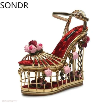  Женская свадебная вечеринка на каблуке в виде Птичьей клетки с ремешком и пряжкой, розовые сандалии-лодочки с 3D цветами, роскошная обувь 
